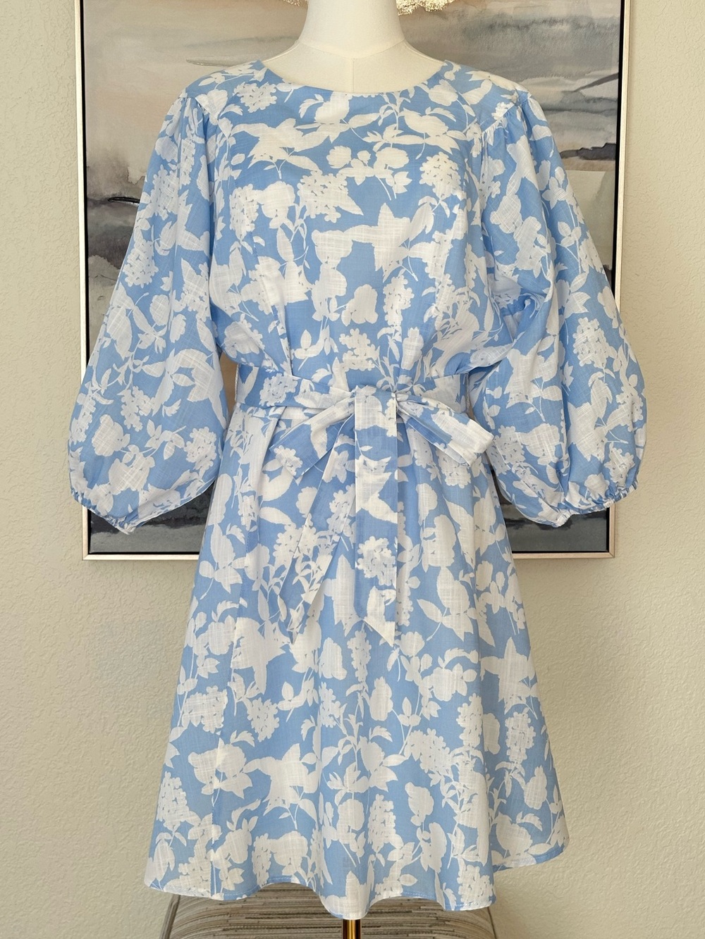 Premier Amour Blue White Floral Puff Sleeve Lightweight Fit & Flare Dress Sz: 14